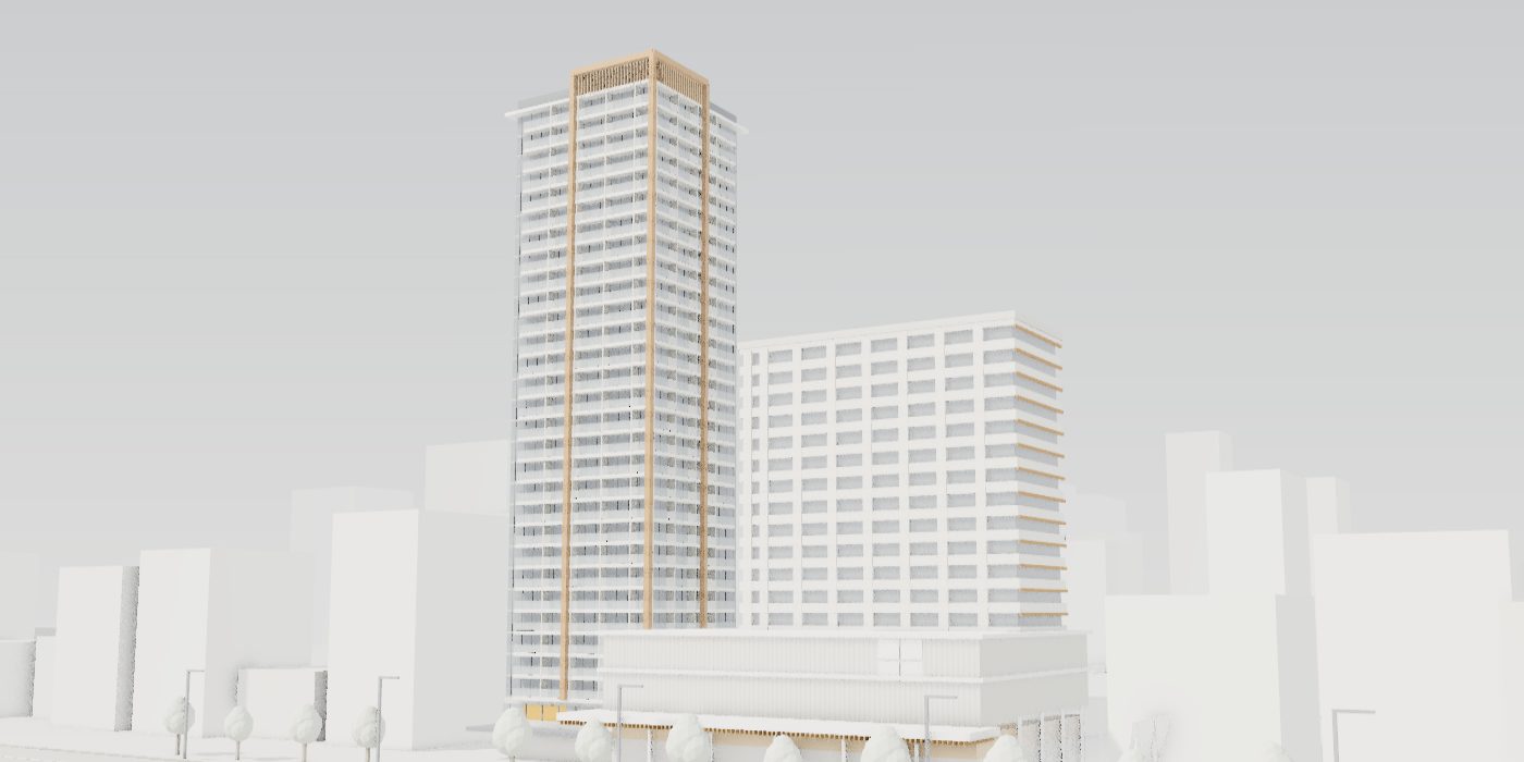 本社オフィスが入居する岡山駅前の複合ビル(3Dイメージ)